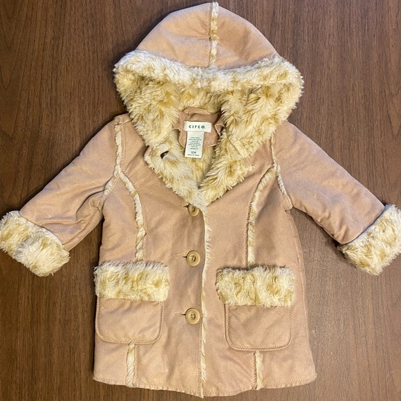 Circo Faux Suede & Shearling Tan Jacket Toddler Size 12M Winter Coat Fur Hood - Picture 1 of 11